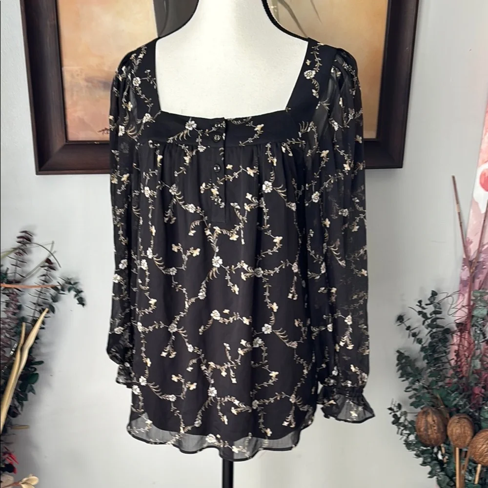 LC Lauren Conrad Black and White Relaxed Long Sleeve Blouse - Picture 1 of 10